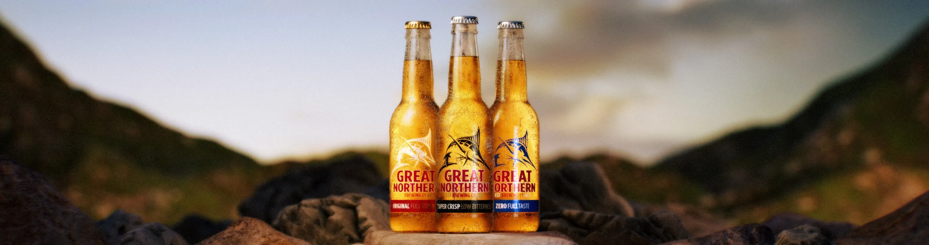 Great Northern bottle on sunlit rock, superwide grade