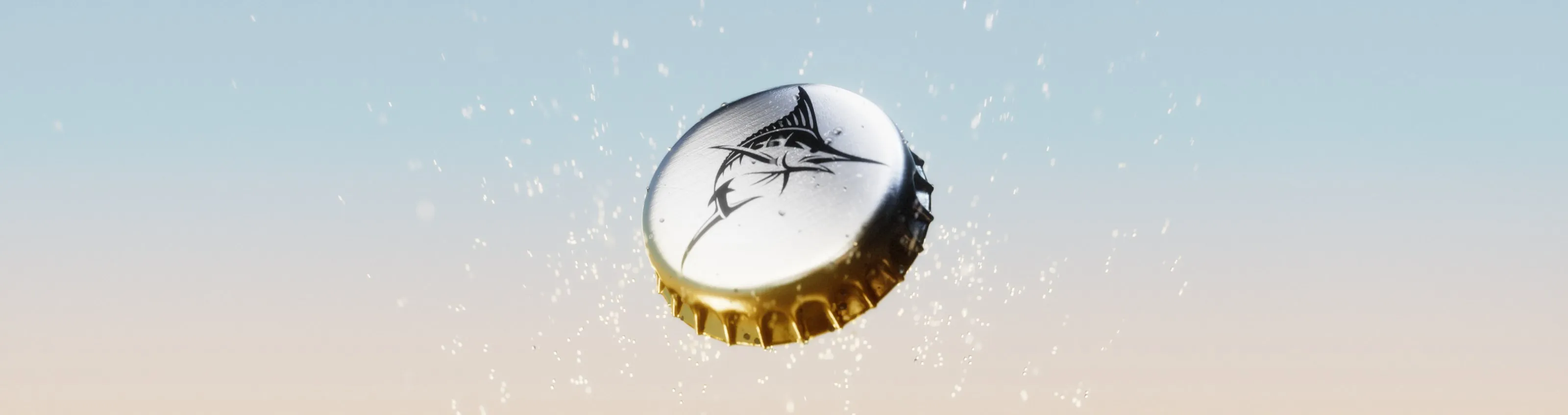 Great Northern bottle cap spinning mid-air in a spray of droplets, superwide