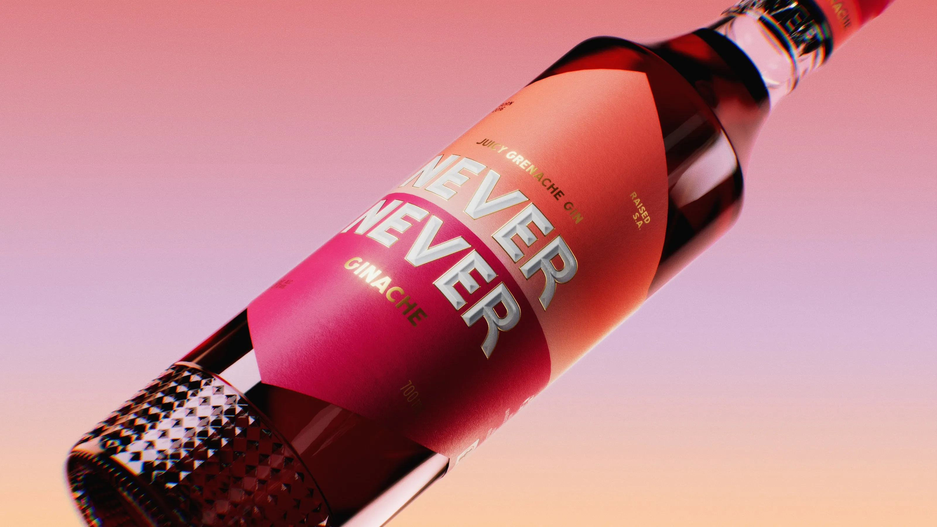 Close-up of the Never Never Ginache bottle, light catching the label and glass