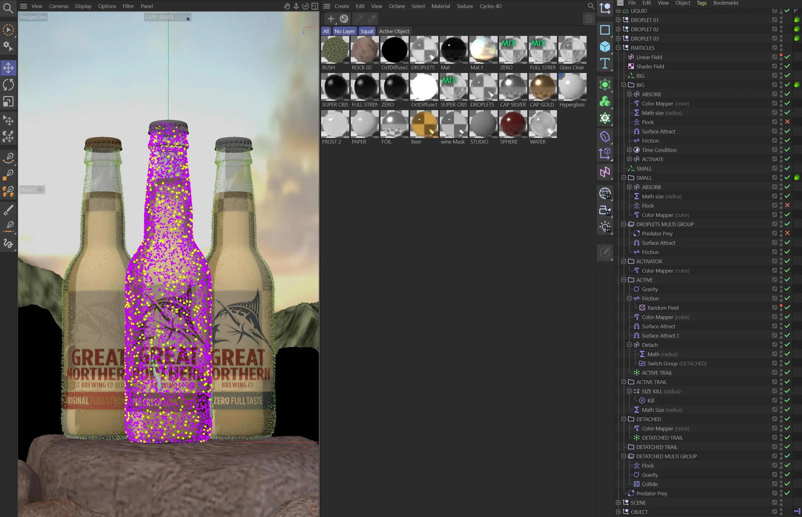 Cinema 4D viewport showing the condensation particle rig on a Great Northern bottle